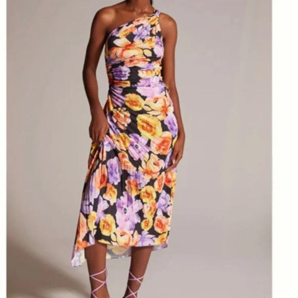 Anthropologie Geisha Designs Black Purple Yellow Floral Asymmetrical Dress M